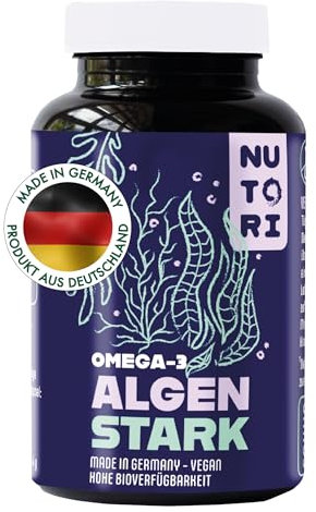 NUTORI „Algen Stark“- Omega 3 Kapseln - 60 Kapseln - 604mg hochdosiert - 100% vegan aus Algenöl - 420mg DHA und 140mg EPA pro Tagesdosis - Produziert & laborgeprüft in Deutschland