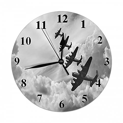 Oudrspo Lancaster Bombers Wall Clock Retro World War Two Britain Battle Silent Non Ticking Round Clock Decorative Battery Operated Wall Clock Black White 10 Inch