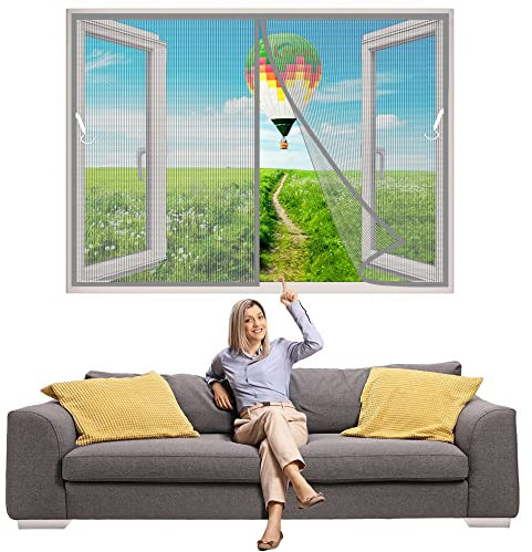 Insektenschutz Fenster Vorhang Polyester Lamellenvorhang 145x105 cm mit Heavy Duty Mesh & Full Frame Klettverschluss Klemmleiste Fliegenvorhang - Grau Z