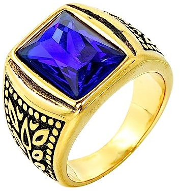PAMTIER Herren Edelstahl Steinring Vintage Edelstein Kleiner Finger Ringe Band für Ihn Klassischer Schmuck Schwarz Gold Marineblau Größe 60