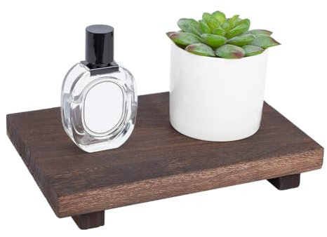 NBEADS Piedestalstativ i trä för kök, badrumsbänk, trähöjare, tvålbricka, rustik visningsbricka, rektangulär, serveringsbricka för ljusflaskor, sminkhanddukar, växt, kokosbrun, 23 x 15 x 4 cm