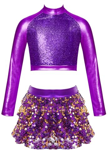 Alvivi Mädchen Tanzkleid Latein Pailletten Kleid Jazz Modern Dance Kostüm Glänzend Langarmshirt Crop Tops mit Rock Shorts Ballsaal Tanzkostüm