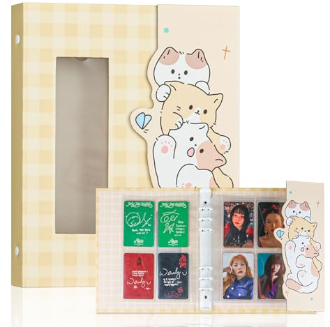 Baskiss A5 Kpop Photocard Binder with 30 4-Pocket Pages and One Divider, Cute 120 Pockets 6 Ring Card Holder Album Snug Fit for Standard Idol Photocards, Polaroids, Photos (Yellow Kitten)