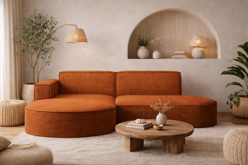 Kaiser Möbel - Ecksofa mit Wohnlandschaft, Eckcouch L-Form, Sofa 3-sitzer, Polstersofa, Bequemes Couch mit Ottomane für Wohnzimmer, Relaxsofa, Stilvolles Cord Sofa, Modena Studio, Ziegel, Links