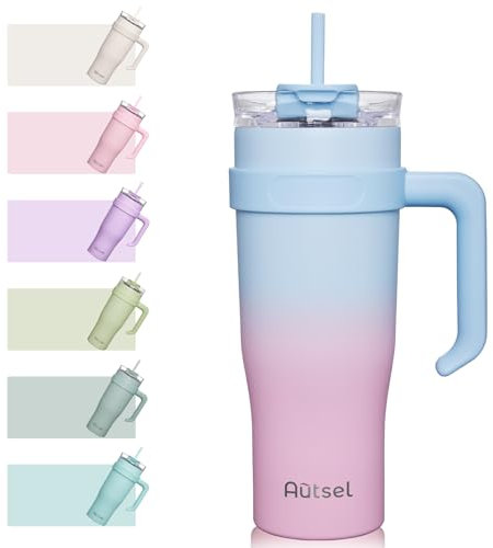 Autsel 40oz Trinkbecher mit Deckel und Strohhalm,1200ml Thermobecher mit Strohhalm und Henkel, Doppelwandiger Edelstahl Vakuum Isolierbeche Kaffeebecher to Go, Tragbare Auto Becher