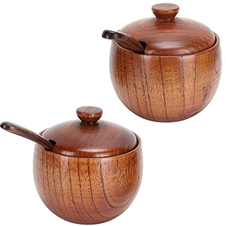 Jwthee 2 Piezas Tarro De Condimentos Con Tapas Y Cucharas, Tarro De Madera Para Condimentos, Juego De 2 Recipientes Para Especias, Recipientes Para Sal Y Pimienta, Azucarero, Dispensador De Azúcar