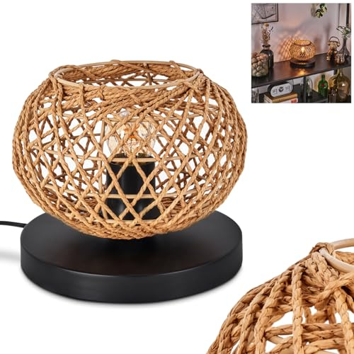 Tischleuchte Mulstrand, Tischlampe aus Metall/Papierseil in Schwarz/Braun, Leuchte im Boho-Design mit Schirm in Gitter-Optik (Ø 20cm), Lichteffekt u. An/-Auschalter am Kabel, 1x E27, ohne Leuchtmittel