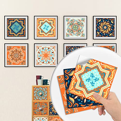 Peel and Stick Tile Stickers Tile Stickers Orange Navy Blue Stick on Tiles PVC Tile Stickers for Kitchen Heat Resistant Tile Stickers for Bathroom Waterproof Self Adhesive Wall Tiles Peel and Stick W