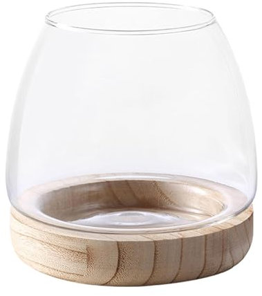 Acquario in Vetro | Vaso per piante | Vaso per pesci in vetro trasparente con supporto in legno | Vasi tondi per centrotavola | Vaso idroponico con supporto in legno