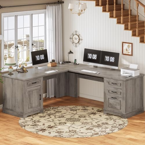 SEDETA 69 L Shaped Desk with Drawers and Storage, Farmhouse Computer Desk with File Drawers and Power Outlet, Corner Executive Desk with Storage Cabinet for Home Office, Grey