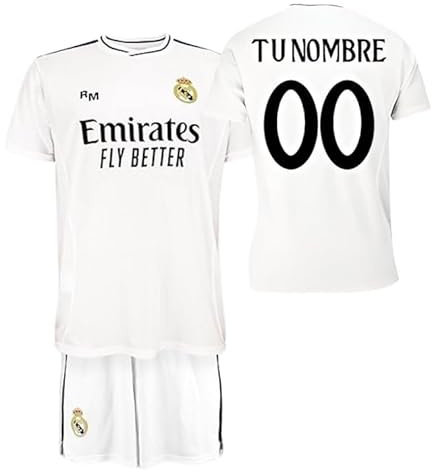 Real Madrid Conjunto Camiseta y Pantalón Personalizado de la Primera Equipación Temporada 2024-2025 - Réplica Oficial Autorizada con Licencia - Niño (FR/ES, Edad, 4 años, Regular, Blanco)