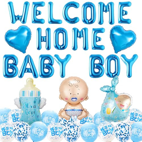 Willkommen Zuhause Deko Junge, Welcome Home Baby Boy Luftballons | 40 Stück Babyparty Dekoration Ballons, 16-Zoll-Buchstabenballon, großer Baby-Folienballon