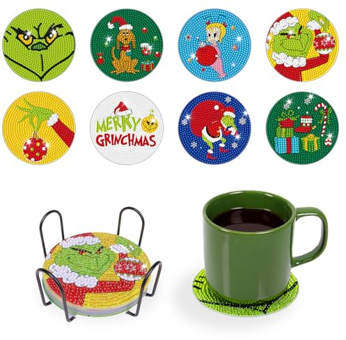 8 Stück Grinch Christmas Diamant Kunst Untersetzer Set mit Halter, Diamond Painting Serviertablett, 5D Untersetzer Diamond Painting für Tassen, Weingläser, Vasen und Heimküche, Getränke Untersetzer