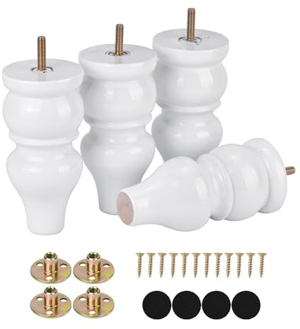 Maricome 15,2 cm Ersatz-Möbelbeine, hochglanzpoliertes weißes Holz, Duttfüße, Set mit 4 vorgebohrten M8-Bolzen für Sofa, Couch, Schrank, Ottomane, Mitte des Jahrhunderts