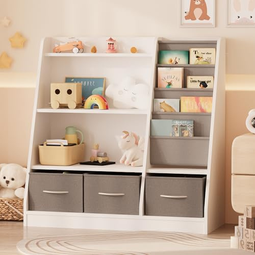 KEEPREAPER Kinderregal mit 3 Aufbewahrungsboxen, 91x38x92cm (Weiß-A)