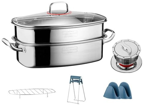 Vaporera Ovalada Para Pescado Con Temporizador, Acero Inoxidable, Multifunción Para Cocinar Pescado Al Vapor/mariscos/asar Pavo, Universal Para Cocina De Inducción, Gas (Doble Capa)