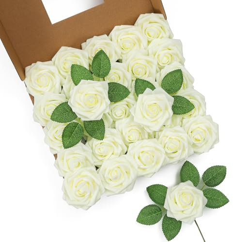 LEUCHTAMOR 25Pcs Artificial Roses Flowers Milky White Fake Roses Real Touch Foam Rose Heads for Wedding Bridal Bouquets Centerpieces Floral Arrangement Party Home Decoration
