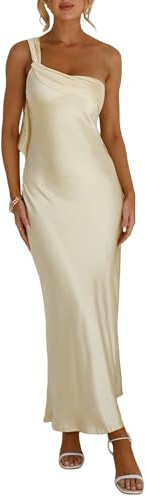 2026 Satin One Shoulder Maxi Dress for Women Summer Silk Formal Elegant Backless Ruffle Sleeveless Wedding Guest Dresses Yellow