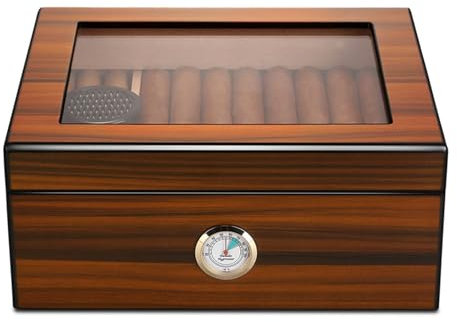 SanzIa Zigarren Humidor Box, Desktop Zedernholz Zigarrenkiste mit Glasplatte, Befeuchter, Hygrometer und Trennwand für Haus, Büro und Bar(56 Counts Capacity)