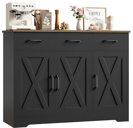 HOCSOK Sideboard, Küchenschrank mit 3 Schubladen und 3 Türen für Küche, Buffetschrank mit Arbeitsplatte, für Esszimmer, Wohnzimmer, Holz, Antik & Braun