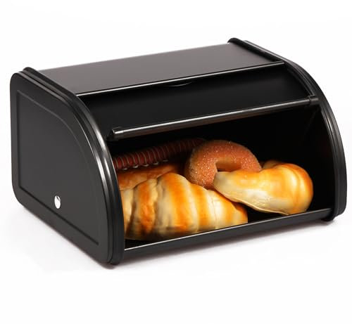 LuLobtg Metal Bread Bin with Roll Up Front Lid Countertop 25.5x21x14cm Retro Small Bread Box Kitchen Food Storage Bread Container for Homemade Bread, Toast, Bagel Dry Food Fruits (Black)