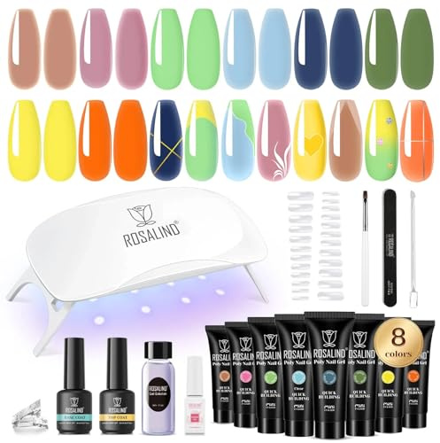 ROSALIND Gel Unghie Ricostruzione Kit Completo, 8 Colori Poligel 10ml con Base & Top Coat, Lampada UV e Strumenti, per Fai Da Te a Casa, Professionale Salone, Kit Unghie Gel Nail Art