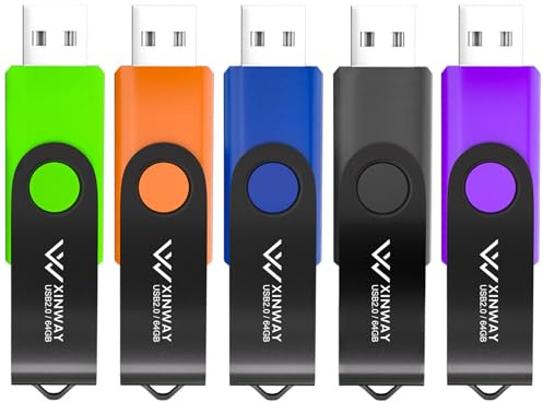 XinwaY USB Flash Drive 64GB Memory Stick Thumb Drive Swivel Design Jump Drive, (5 Pack 64GB - Black Blue Green Orange Purple)