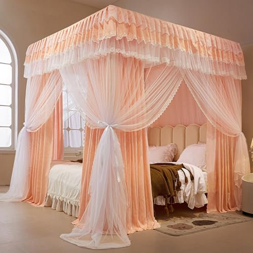 Zanzariera per Letto Matrimoniale, Zanzariera Letto Quadrata, Zanzariere a Quattro Angoli, Decorazione da Principessa, per Casa e Campeggio Pink 180 x 200cm