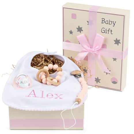 Geschenk für Neugeborene Jungen und Mädchen mit Schnuller, Beißring und besticktem Lätzchen, ideales Körbchen für den täglichen Gebrauch, personalisiertes Körbchen (Rosa)