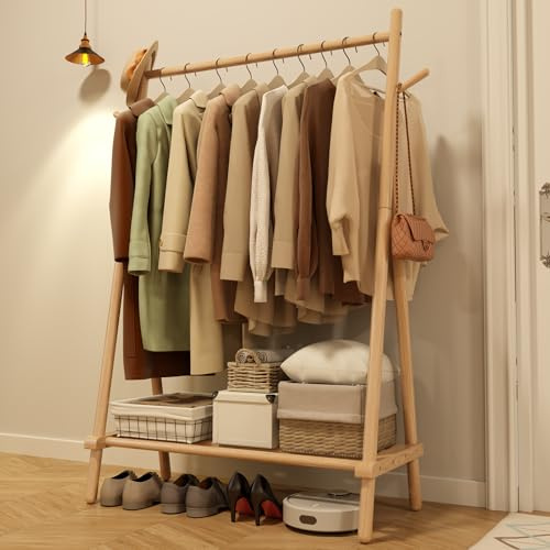 AQIMUELE Kleiderständer, Massivholz Garderobenständer, Garderobe, Kleiderablage, mit Stange, Regal und 4 Haken, Einfache Montage, für Schlafzimmer und Garderobe (Naturholz - ohne Rollen)
