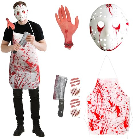6 PCS Serial Killer Costume, Mens Halloween Horror Costume Set Bloody Killer Scary Mask Bloody Apron Bloody Hand Tattoos Stickers for Women Men Halloween Masquerade Prop