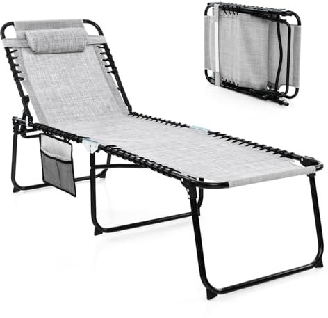 COSTWAY Sonnenliege mit Kopfstütze und Seitentasche, hohe Sitzhöhe, klappbare Gartenliege mit Verstellbarer Rückenlehne, Strandliege bis 150 kg belastbar, Liegestuhl für Garten (Grau)