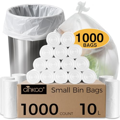 GINKGO 1000 Count Small Bin Bags, 10L Pedal Bin Liners Bulk Pack | Clear Garbage Bags, White Wastebasket Liners, Plastic Trash Bags for Bathroom, Office - Unscented