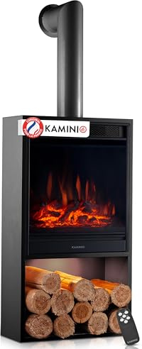 KAMINIO Elektrokamin Hugo - Elektrischer Kaminofen mit Heizung, 3D-Flammeneffekt, LED-Ambientelicht, Holzfach, Fernbedienung (Schwarz mit Rohr)