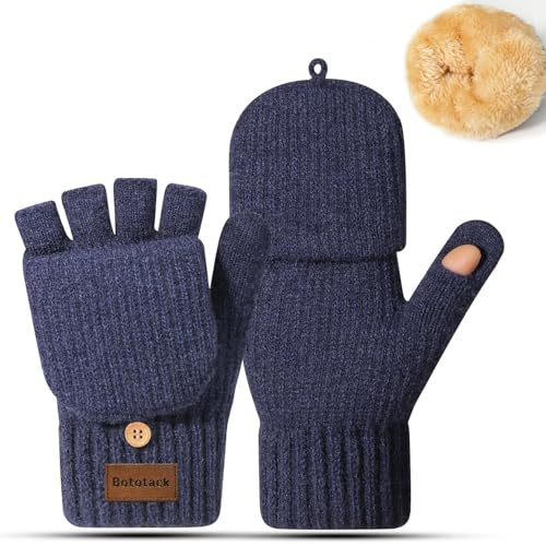 Bototack Winter Fingerless Gloves Warm Thermal Knitted Convertible Mittens Flap Cover for Women Men Cycling Driving Running (Navy)