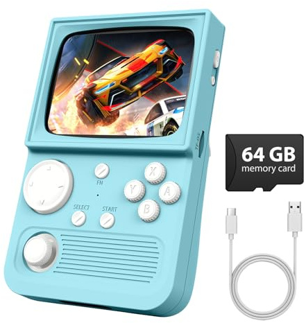 R36T Retro Game Console, Handheld Game Console with 3.5in IPS HD Screen, Video Game Consoles Supports WiFi Networked Fighting and OTG, 3500mAh Battery, 64GB TF Card, Glacier Blue
