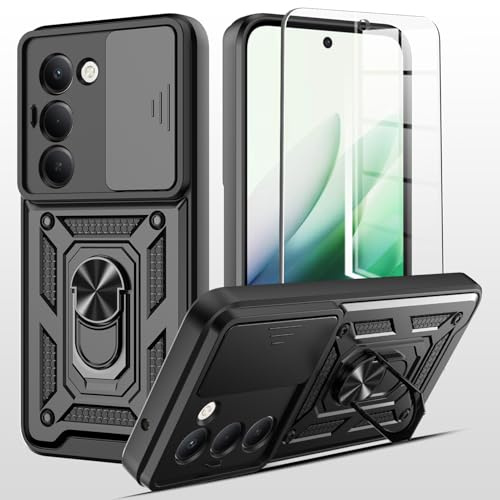 Handyhülle für Xiaomi Redmi 15（4G/5G） Hülle mit Kamera Schiebeabdeckung | 1 Stück Displayschutzfolie, 360° Metall Ring Ständer, Stoßfest Schutzhülle, Hybrid Kratzfest, Schwarz