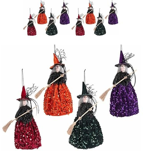 Gruppo Maruccia - Set 8 Befane da Appendere - Con Abito in Paillettes Colorate e Scopa - In Stoffa con Cordino - Assortite in Quattro Colori - Per Decorazioni Natalizie ed Epifania