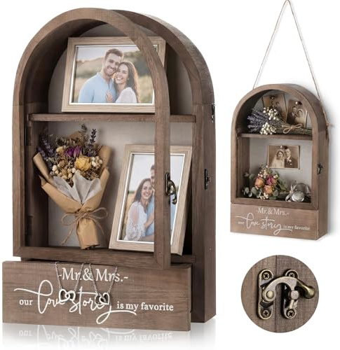 Bucherry 16 Inch Huge Wooden Shadow Box Frame with Acrylic Panel, Shelves, Hangable Brown Deep Shadow Boxes Memory Display Cases with Lanyard and Metal Hook for Wedding Keepsakes, Photos(Large)