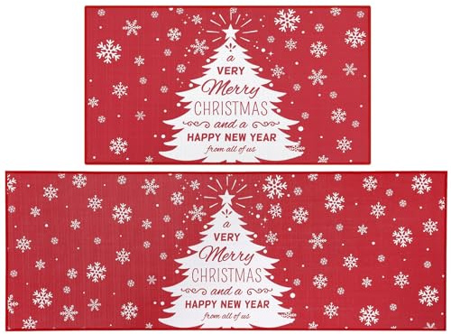 RBFGYIOP 2er Set Küchenläufer Weihnachten rutschfest aus Leinen - Schneemann und Weihnachtsbaum - waschbar - für Küche und Bad - 40x60cm + 40x120cm - rot, Deutschland