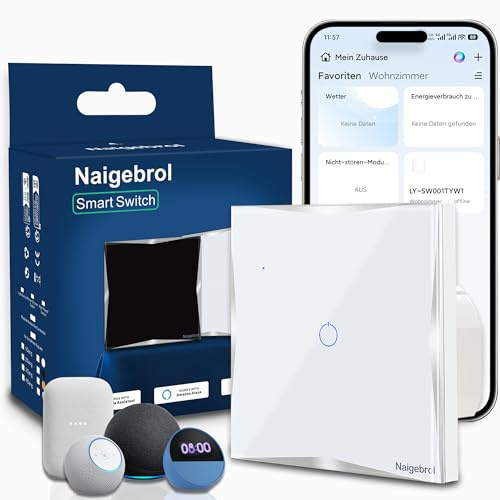 WLAN Smart Lichtschalter 1-Gang Unterputz mit Neutralleiter, keine Wechselschaltung, App Steuerung, Touch Glas, Alexa & Google, 2.4GHz, Ohne Hub, 10A 400W（Weiß）