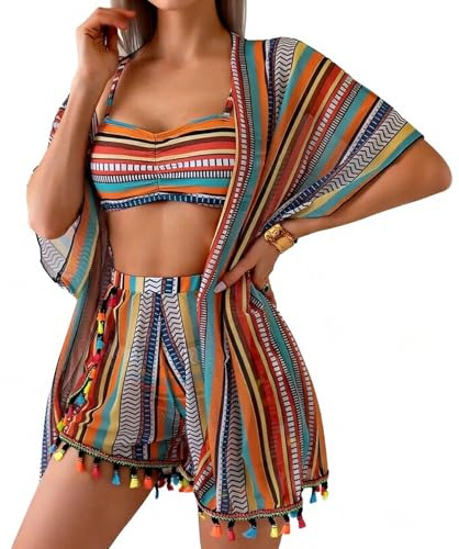 Bikini de mujer de cuatro piezas de cintura alta - Kimono de playa con flecos de malla con pantalones cortos, traje de vacaciones verano playa y salidas