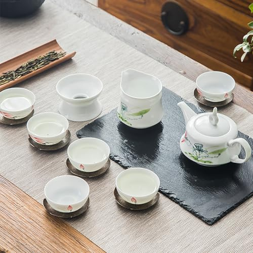 Juego de té de porcelana china con diseño de loto pintado a mano, colección completa de ceremonias con tetera, tazas y posavasos de madera