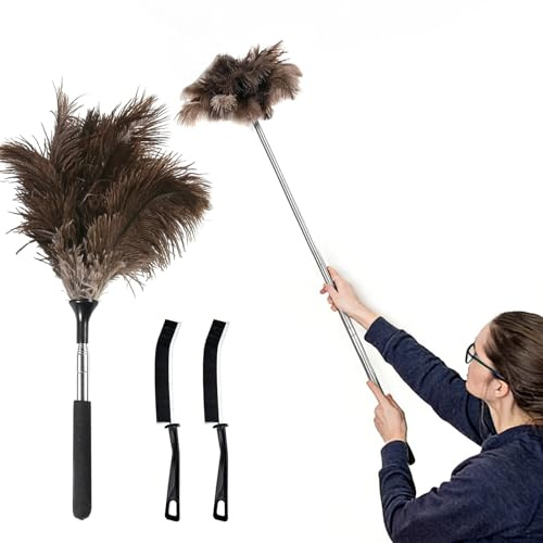 Voarge Ausziehbarer Staubwedel aus Straußenfedern, 116 cm, weich, kratzfest, Holzgriff, wiederverwendbar, 2 Bürstenköpfe