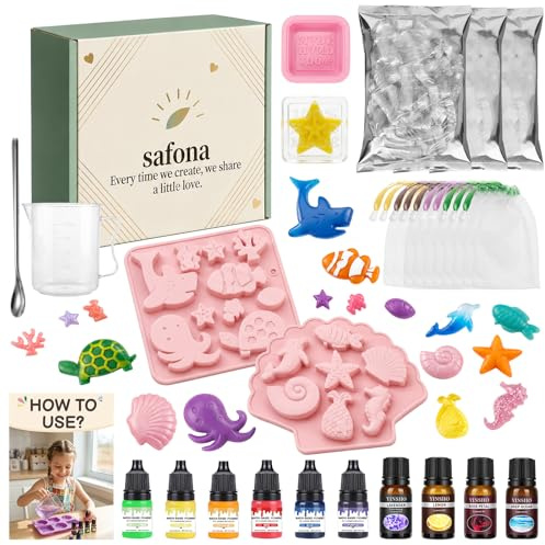 Set di sapone fai da te per bambini, 500 g, lattiginoso, 250 g, base di sapone trasparente, pesce marino, 10 forme a forma di cavalluccio marino, quadrato, 6 colori, 4 oli essenziali, 10 reti in