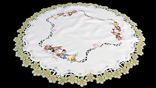 Anka Textil Tischläufer Mitteldecke Tischdecke Tisch-Deckchen Deko Ostern Hasse Weiß Motiven Stickerei (60cm Rund)