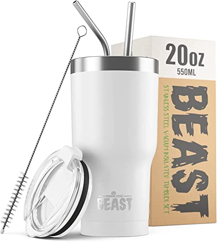 Beast Tumbler - 550 ml (20 oz), White | Reusable Stainless Steel, Vacuum Insulated Cup | with + 2 Straws & Cleaning Brush | Double Wall Travel Flask Perfect for Hot or Iced Coffee | BPA Free