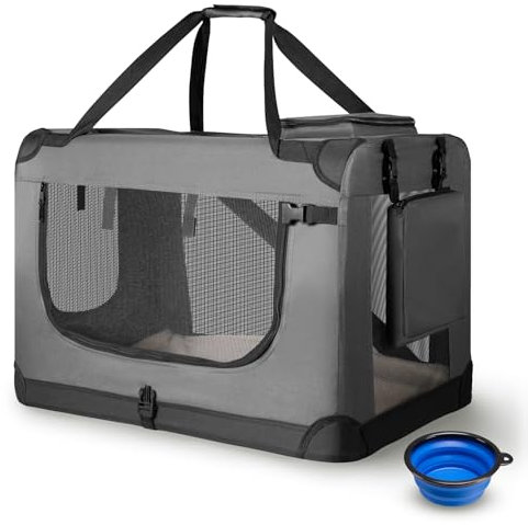 Juskys Hundetransportbox Lassie M faltbar & tragbar 42x60x44 cm mit Decke, Tasche & Griffen - Faltbare Transportbox für Hunde, Katzen & Haustiere - Oxford Stoff Hundebox Auto Hundetasche - Grau