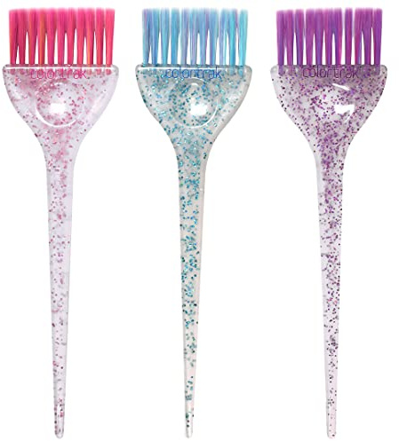 Colortrak 3 Pack Hair Color Brush Set with Glitter Handles for Highlighting, Tint and Coloring Hair Sections - Soft Feathered Bristles Application 3.5 x 11 inch