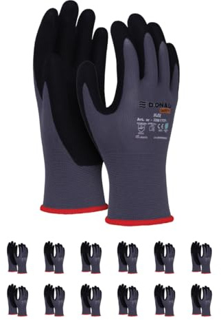 DONAU SAFETY Flex Handschuhe Arbeitshandschuhe/Größe 07, 12 Paar/Grau-Schwarz/Mechaniker Montagehandschuhe/Nitril beschichtet Leicht Ölbestandig, Nylon